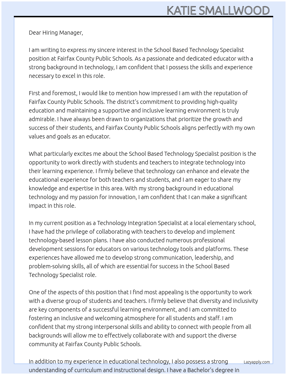 School Based Technology Specialist  At Fairfax County Public Schools Cover Letter
