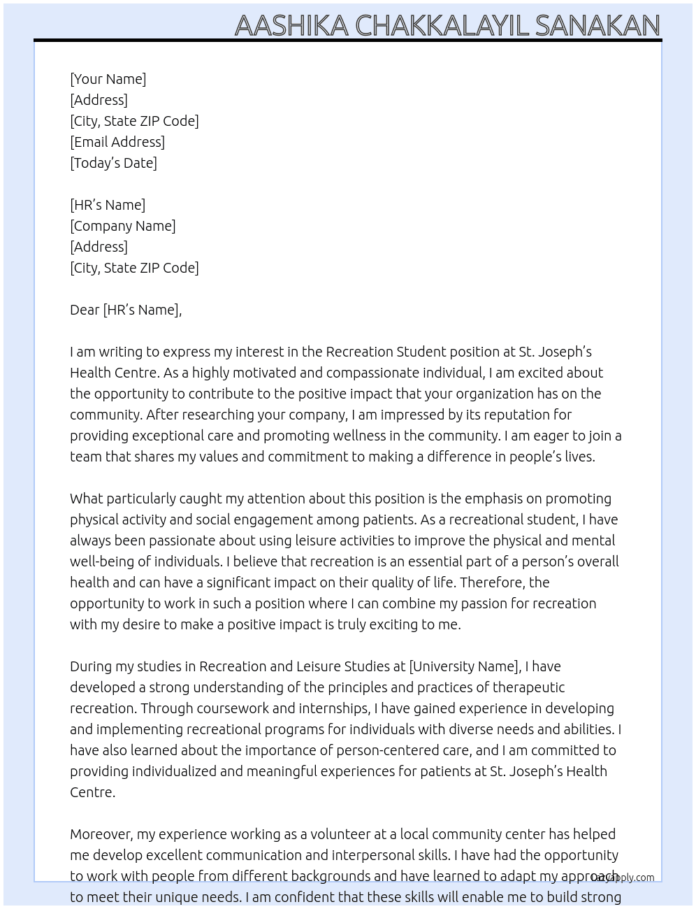 recreation student At St joseph's health centre Cover Letter