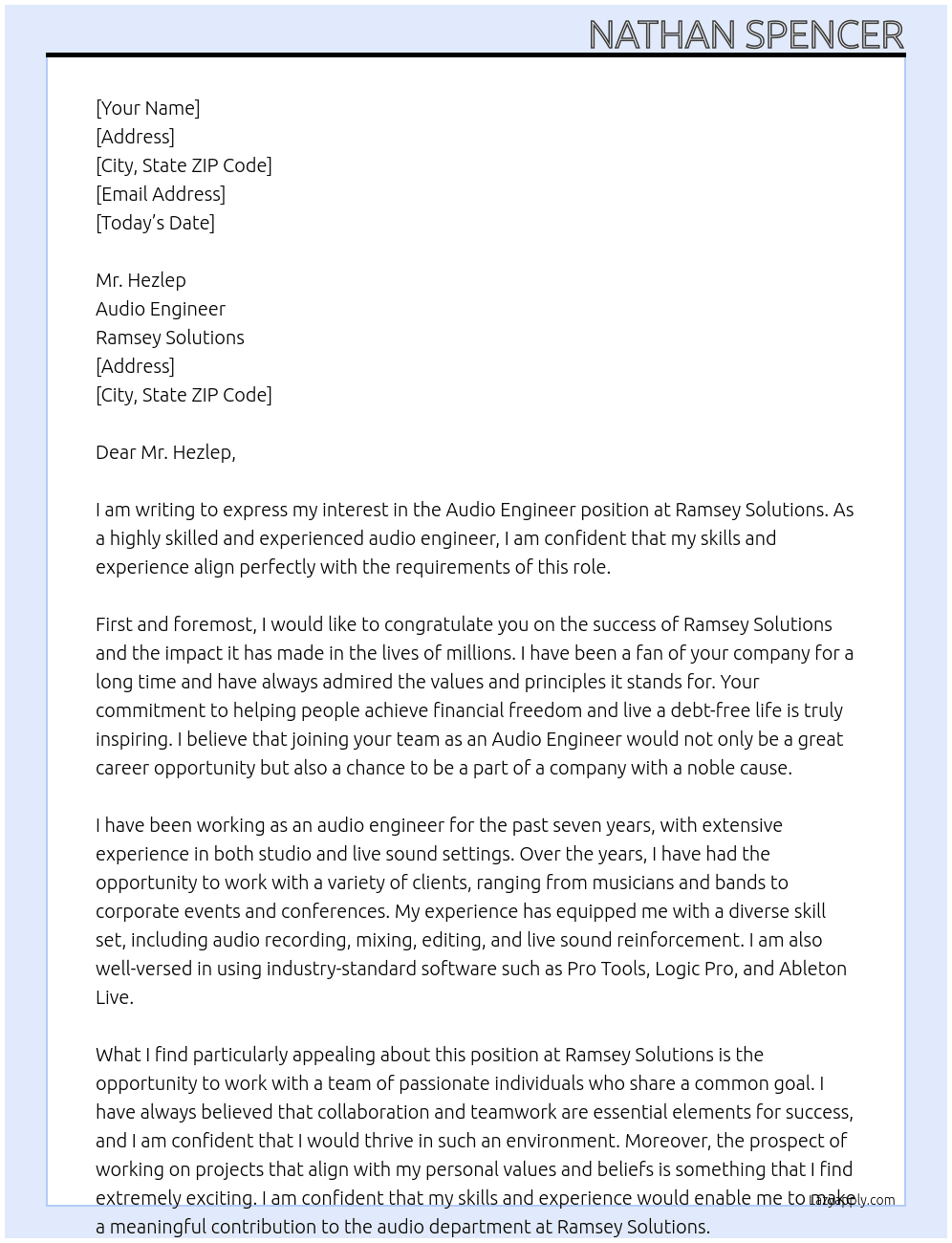 Audio Engineer At Ramsey Solutions Cover Letter