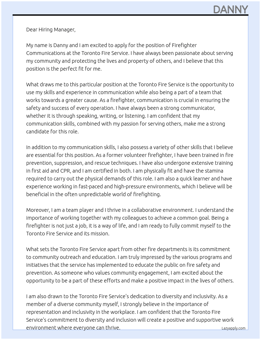 Firefighter communications  At Toronto Fire Service  Cover Letter
