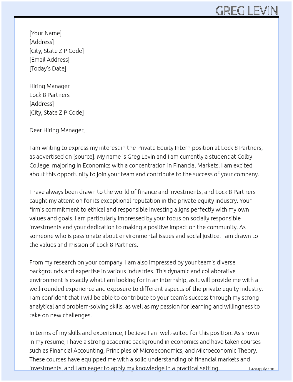 Private equity intern At  Lock 8 Partners Cover Letter