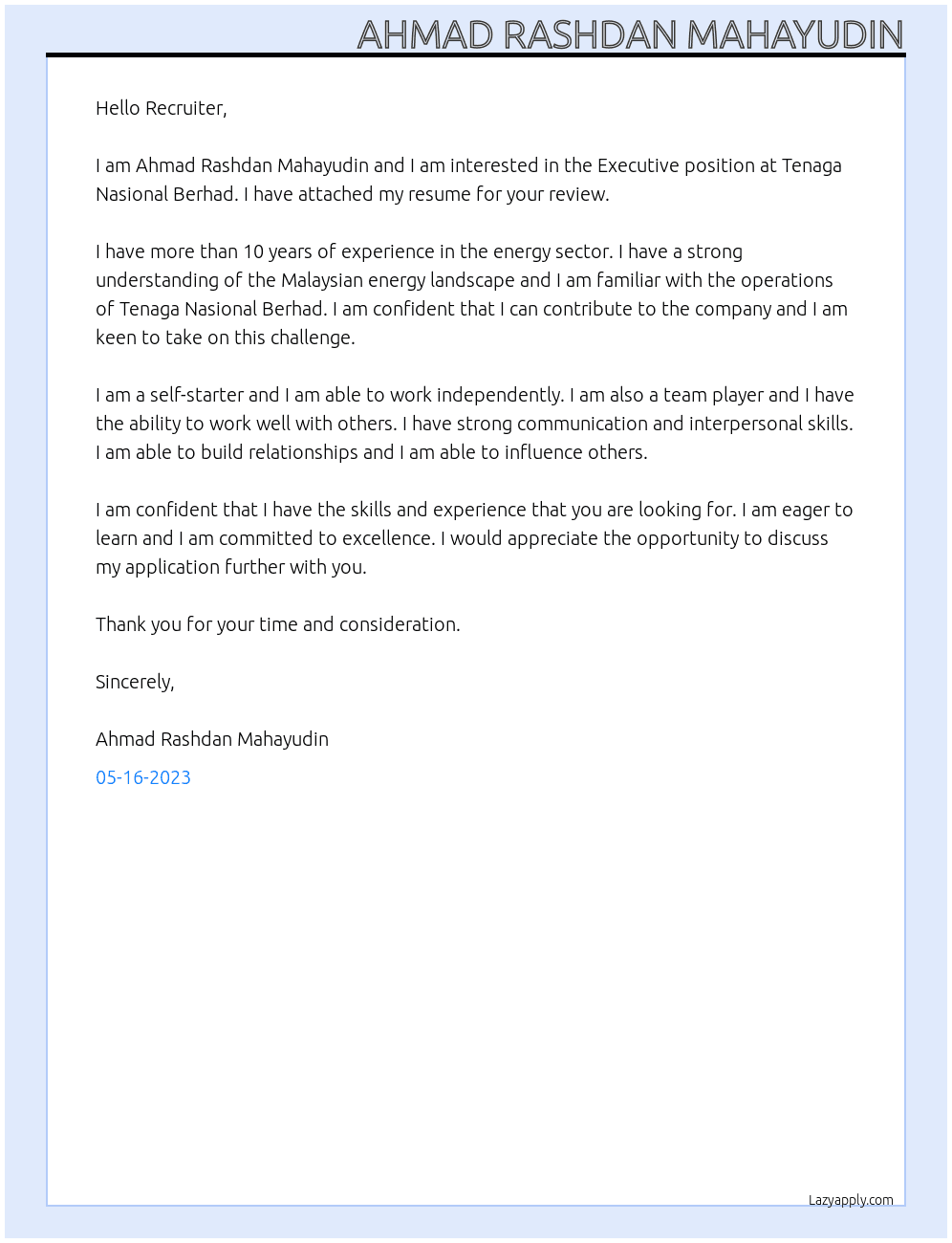 Executive At Tenaga Nasional Berhad Cover Letter