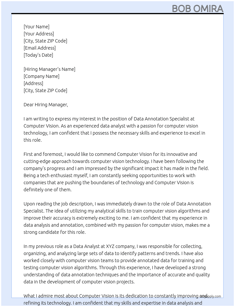 Data Annotation Specialist At Computer Vision Cover Letter