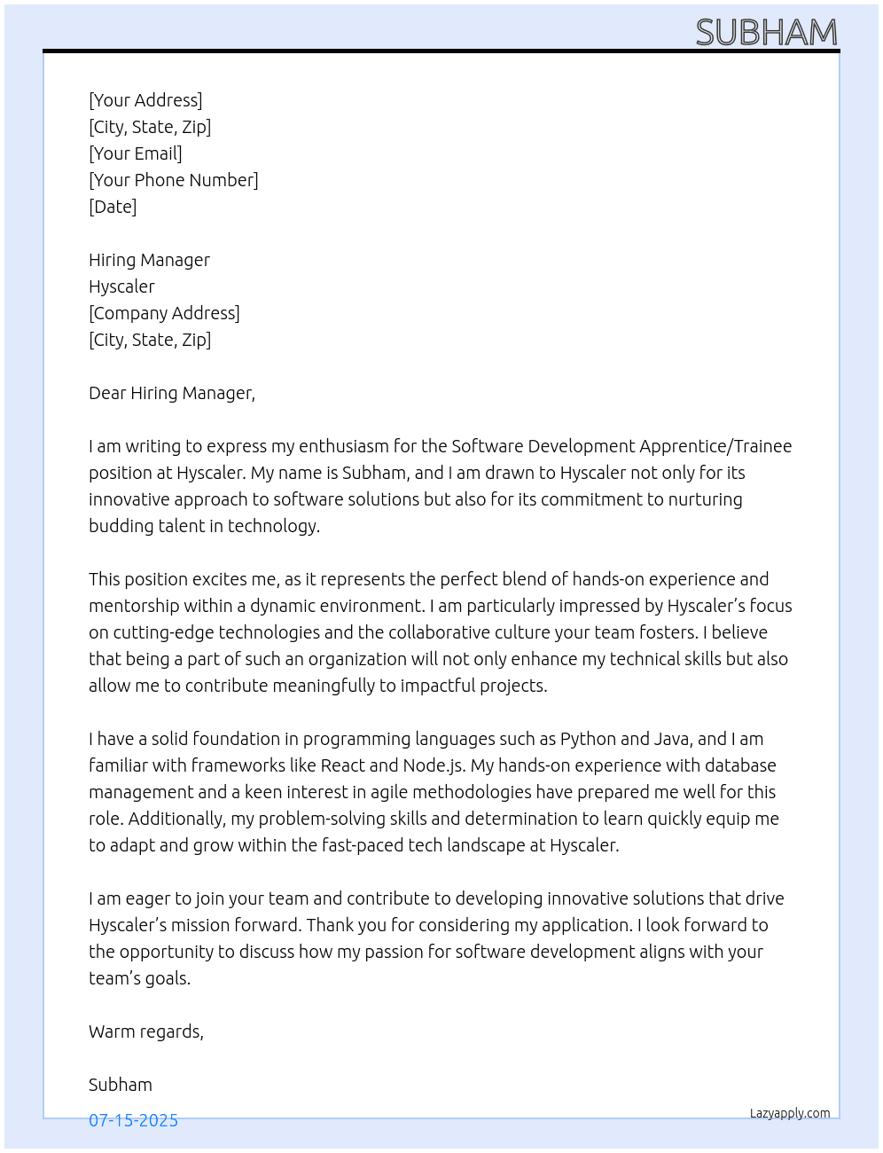 Software Development Apprentice/Trainee (Tech) At Hyscaler Cover Letter