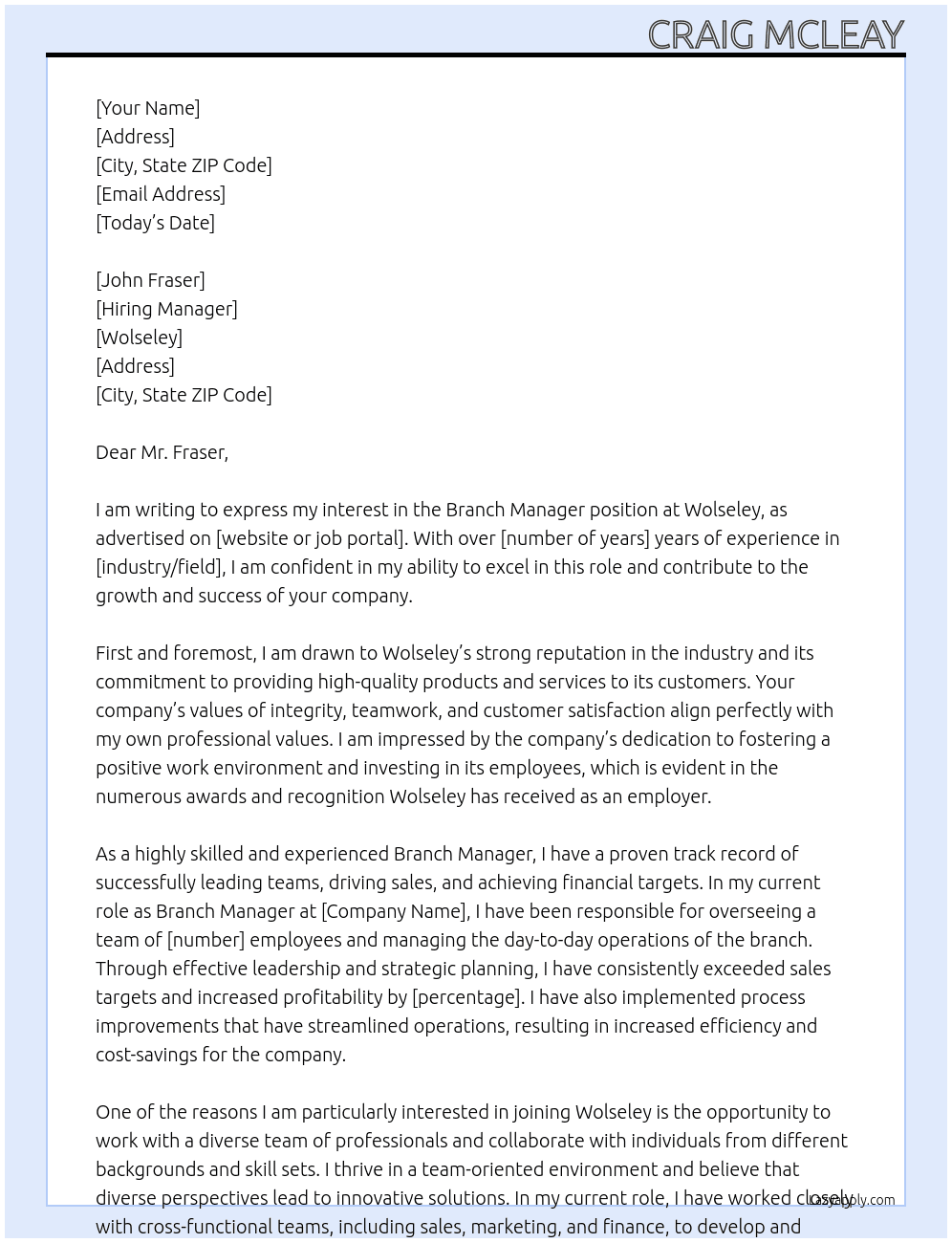 branch  manager  At wolseley  Cover Letter