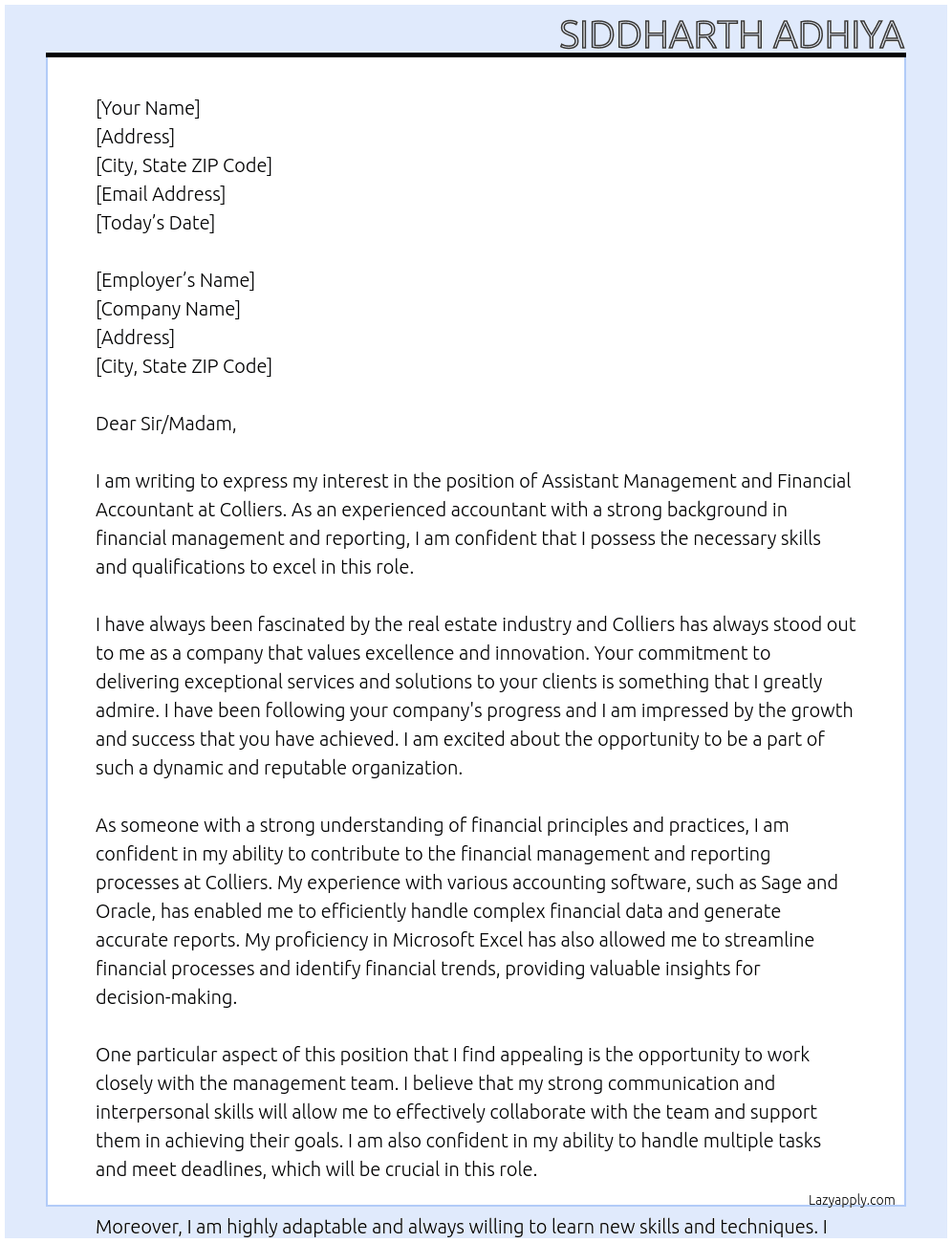 Assistant Management and Financial Accountant At Colliers Cover Letter
