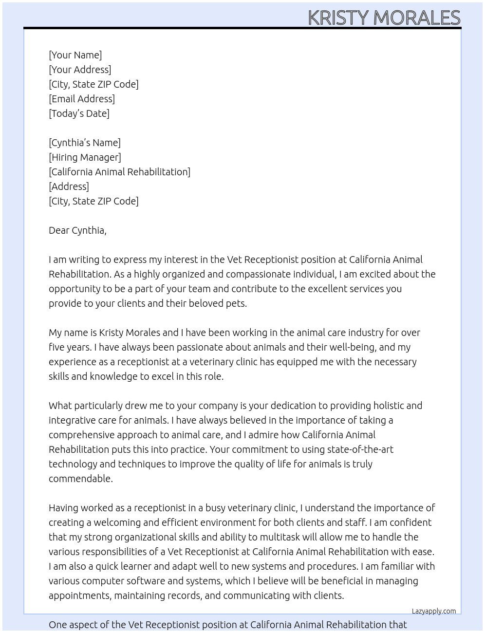 Vet Receptionist At California Animla Rehabilitation Cover Letter