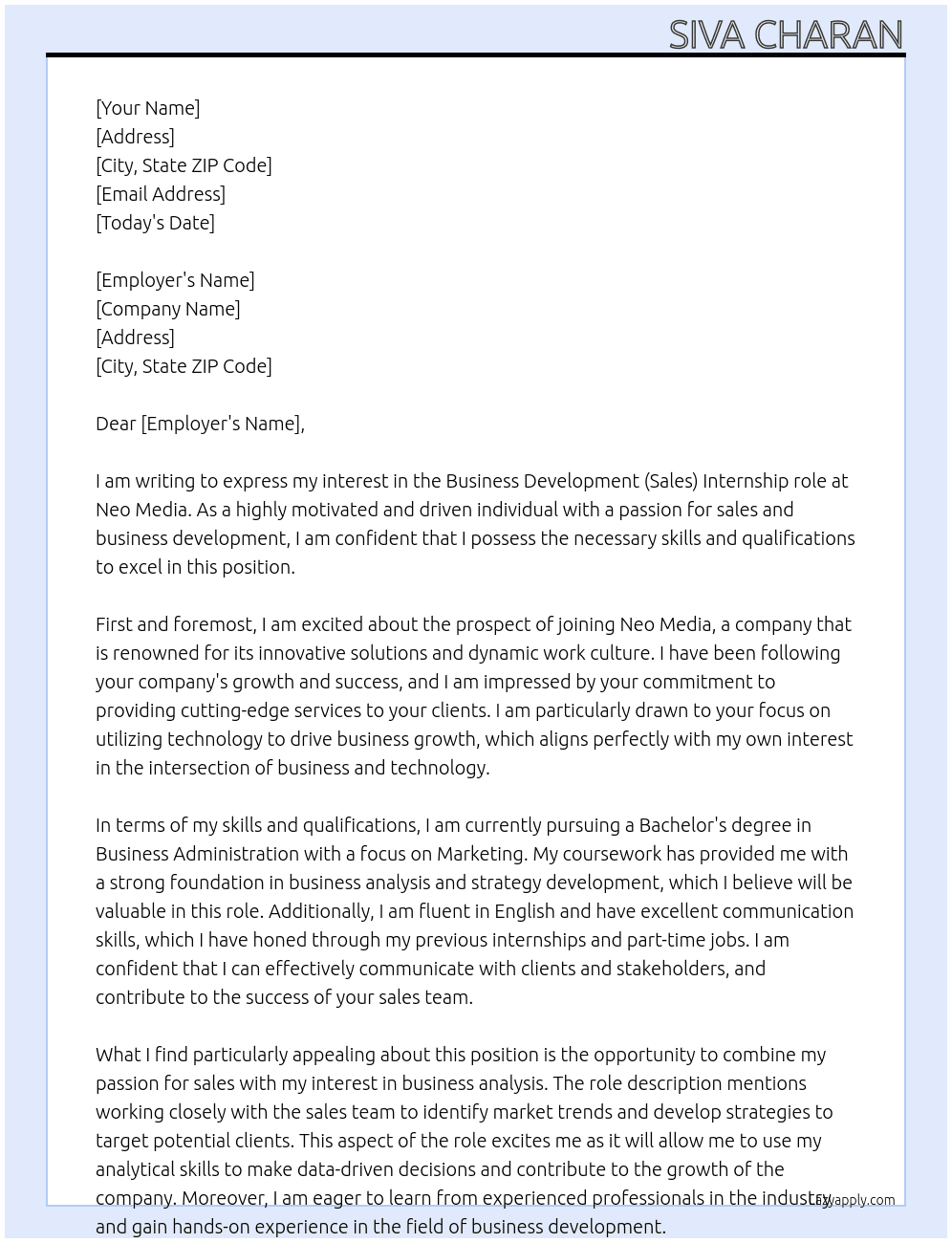 Business Development (Sales) At neo media Cover Letter