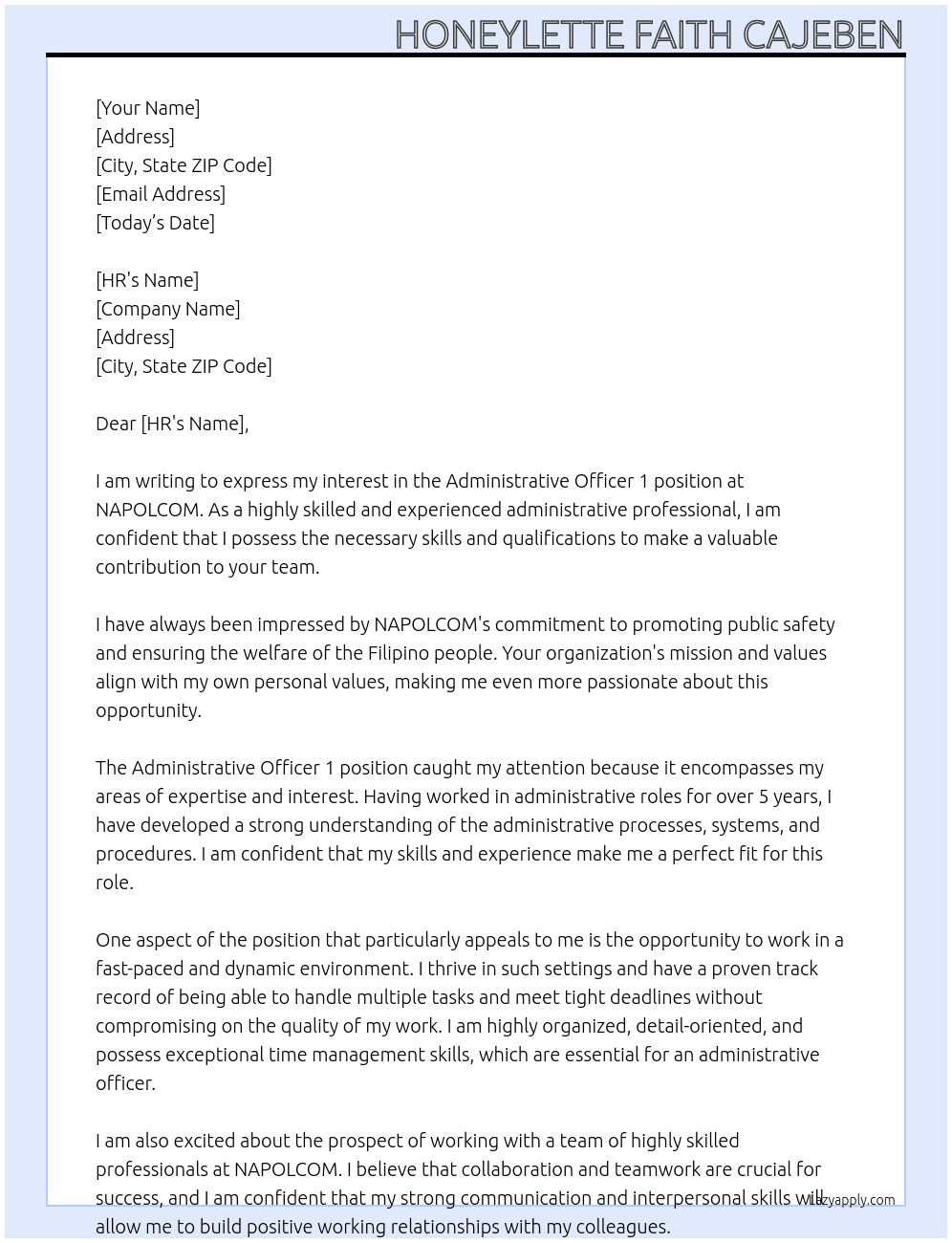 administrative officer 1 At NAPOLCOM Cover Letter