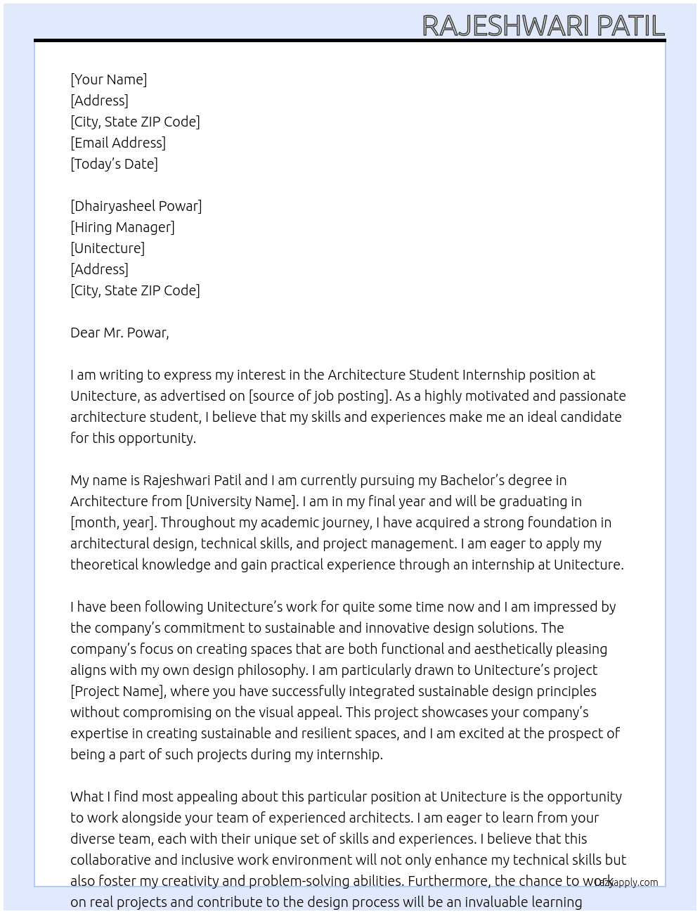 Architecture Student Internship At Unitecture Cover Letter