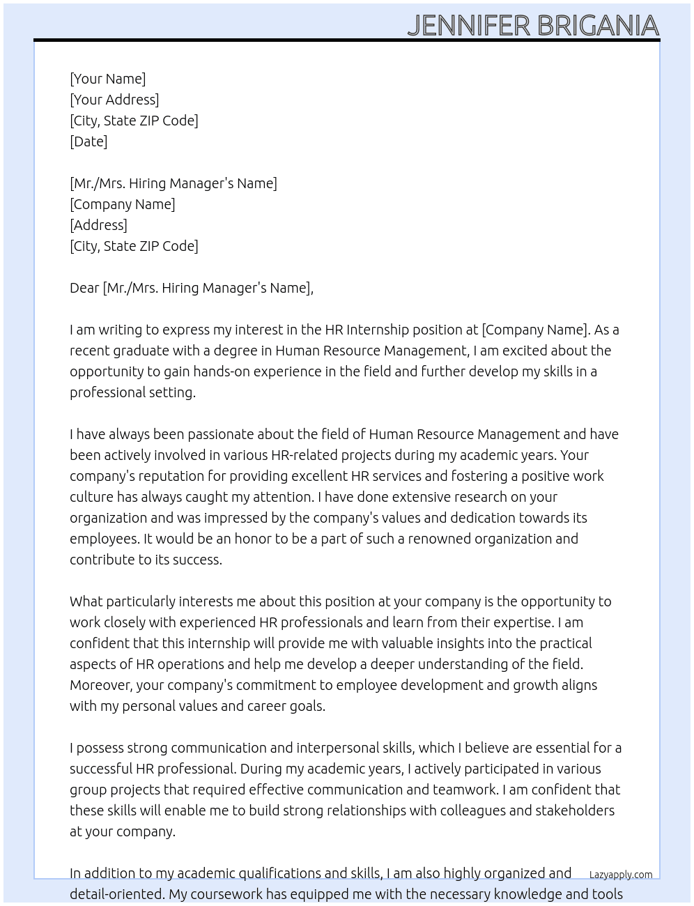 HR Internship At Your company Cover Letter