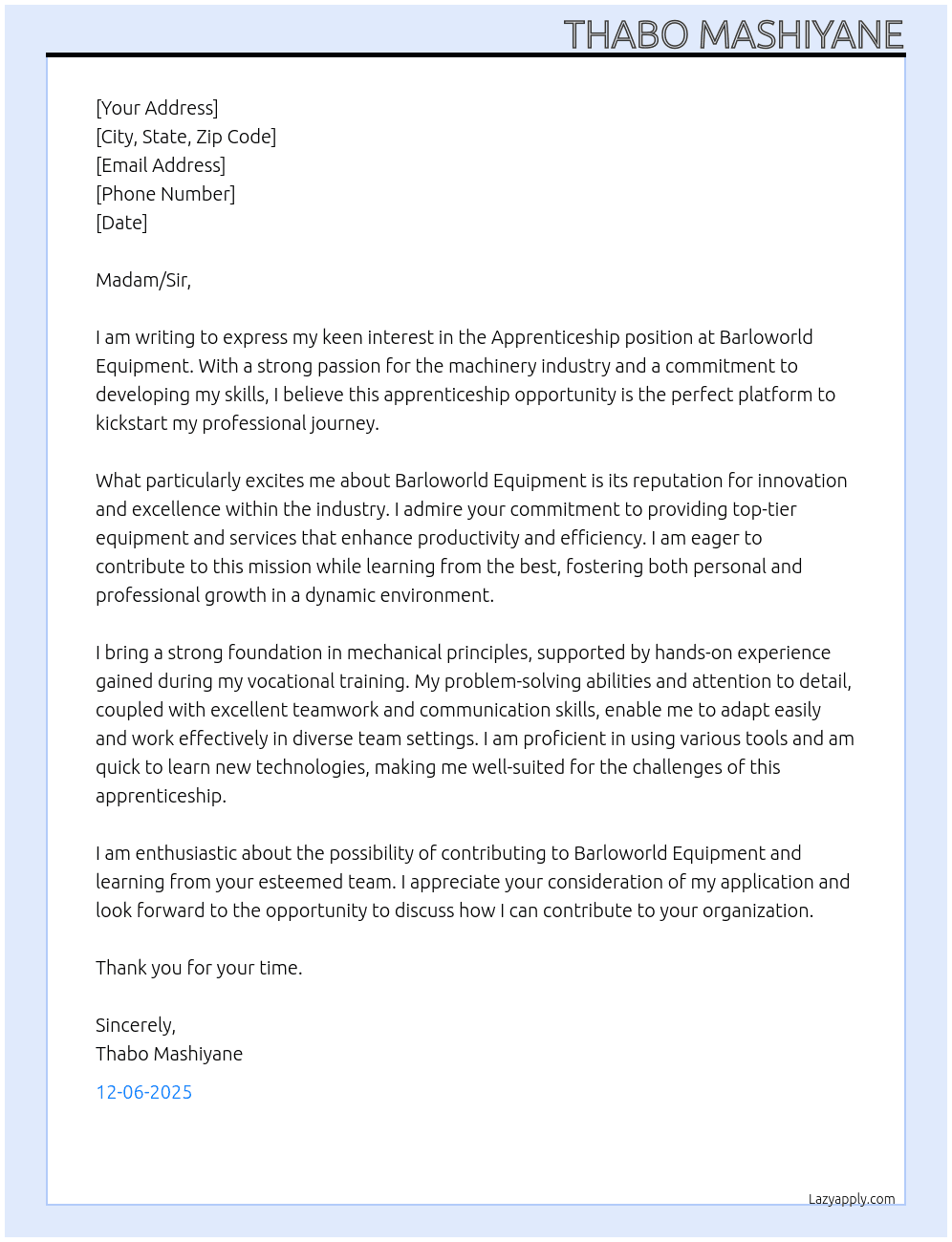 Apprenticeship  At Barloworld equipment  Cover Letter