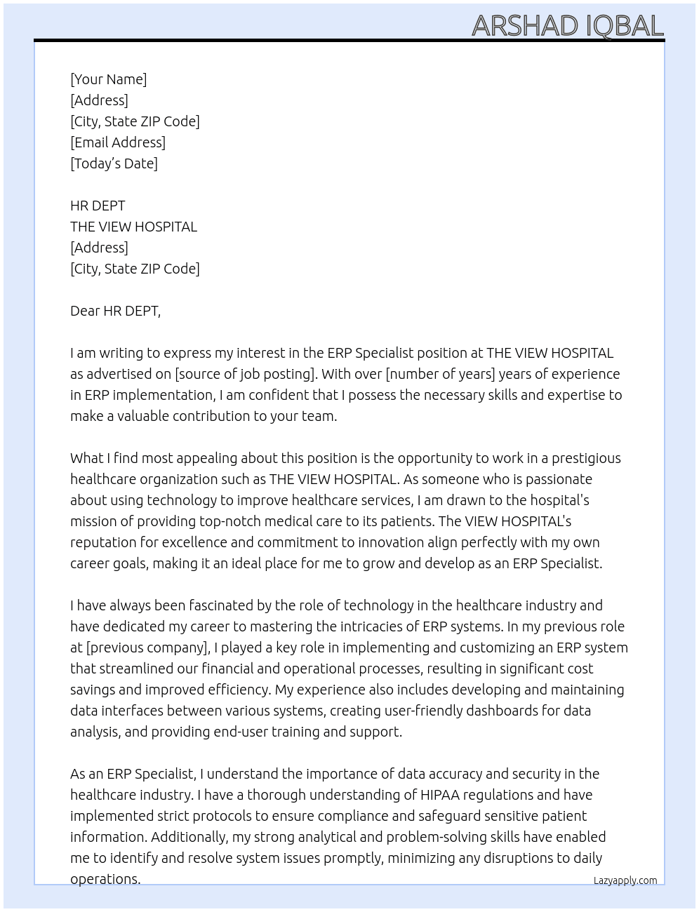 ERP SPECIALIST At THE VIEW HOSPITAL Cover Letter