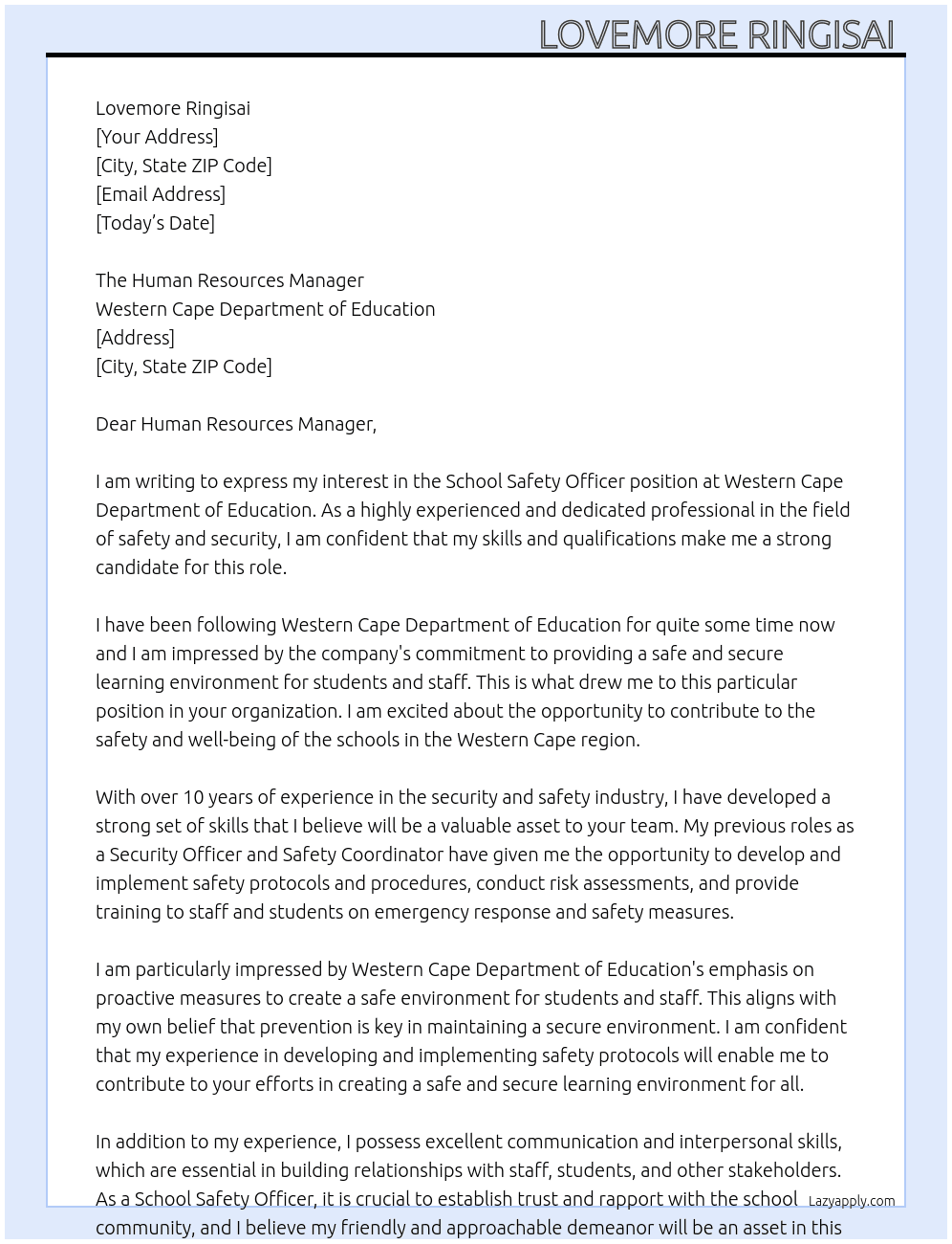 School Safety Officer At Western Cape Department of Education Cover Letter