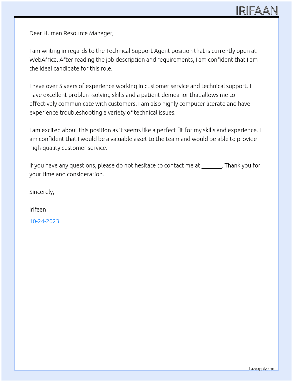 Technical Support Agent (Fully Remote) At WebAfrica Cover Letter