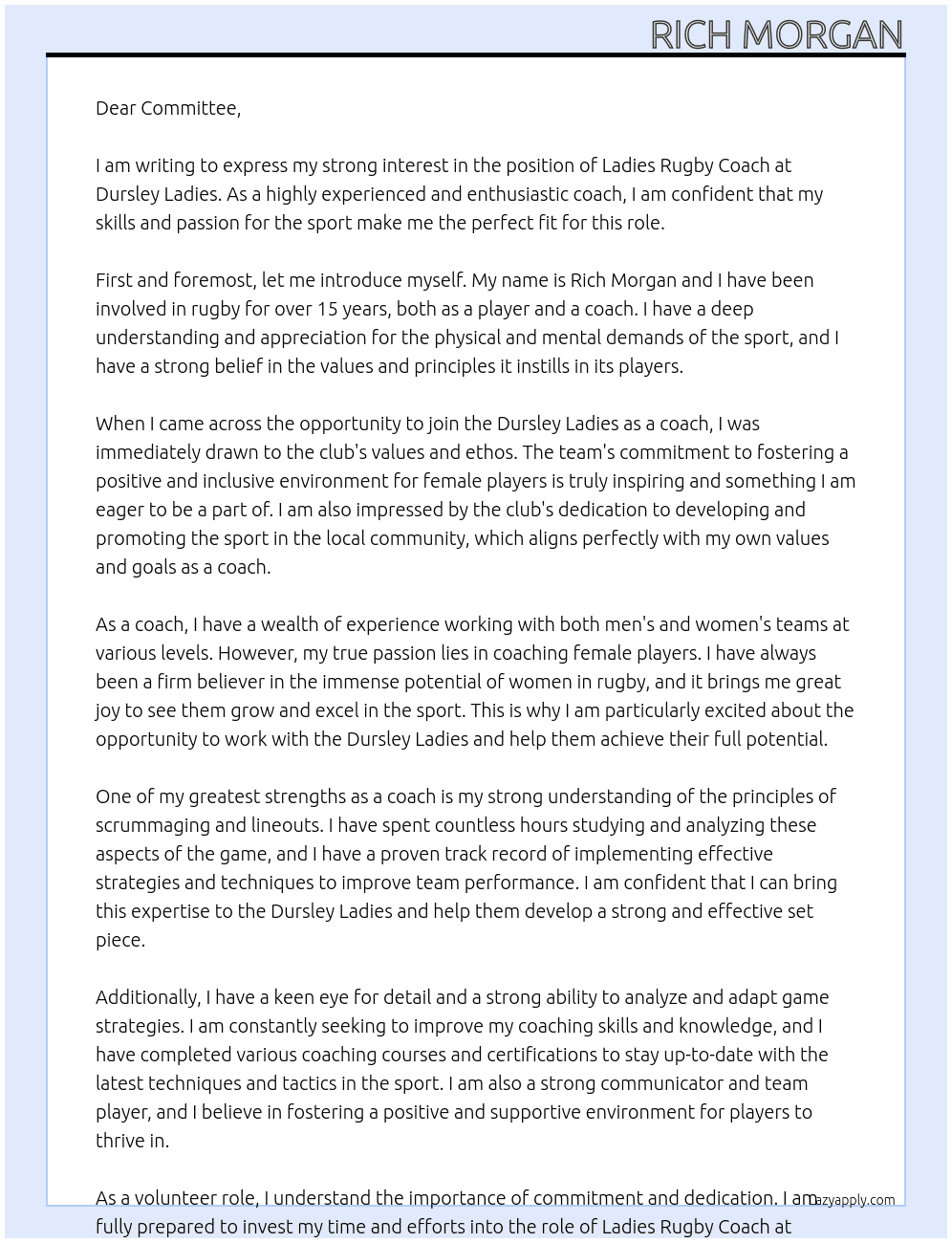Ladies rugby coach At Dursley ladies  Cover Letter