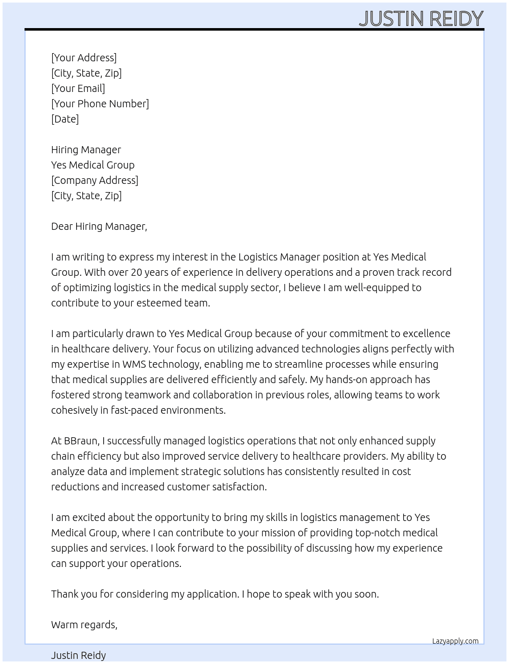 Logistics Manager At Yes Medical Group Cover Letter