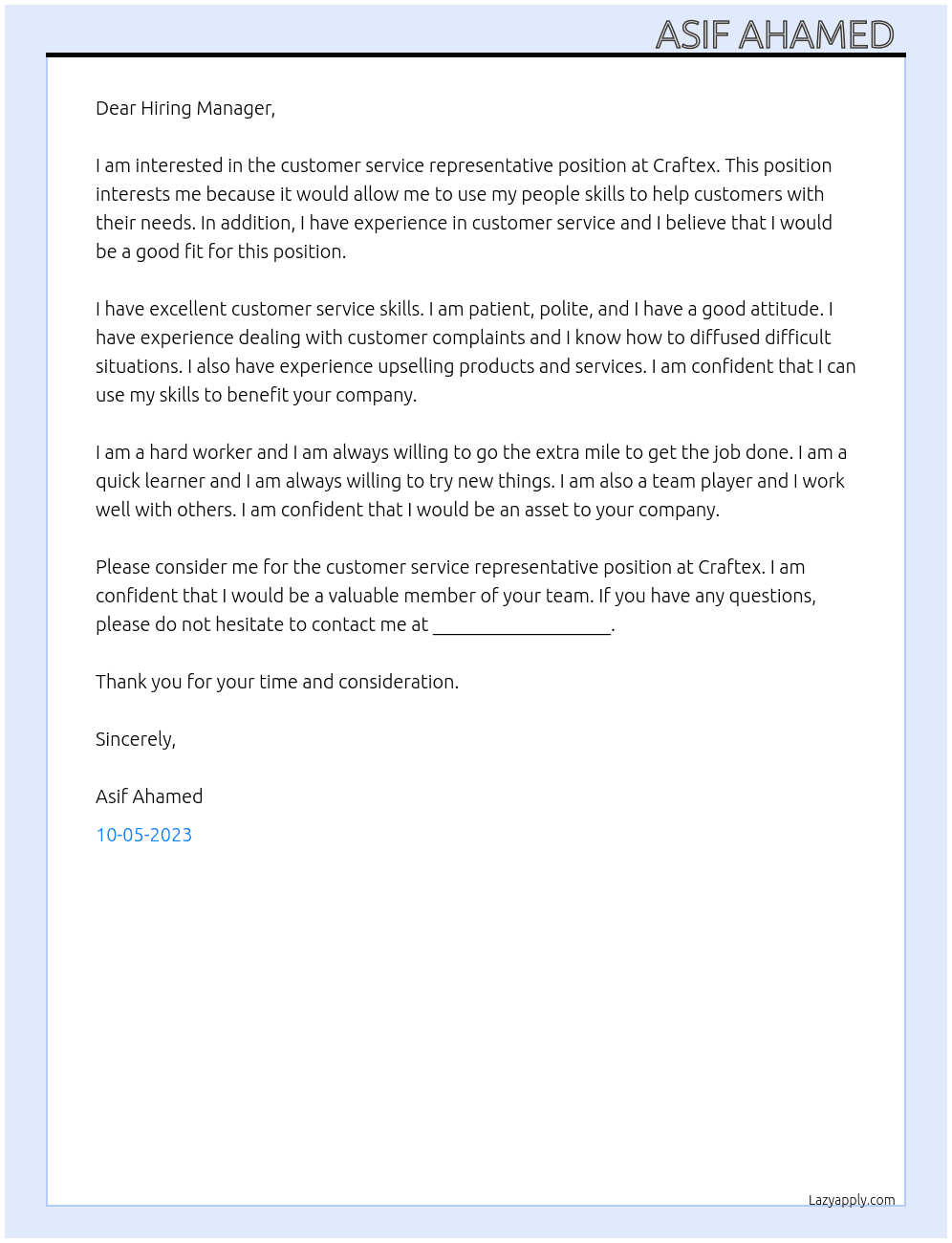 Customer service representative  At Craftex Cover Letter
