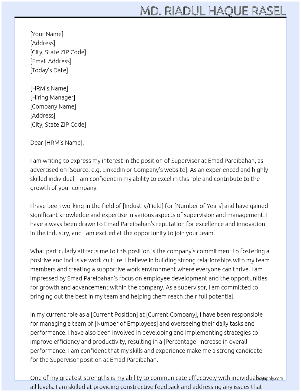 superviser At Emad Pareibahan Cover Letter