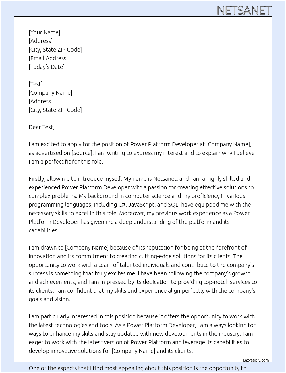 Power platform DEveloper At Test Cover Letter