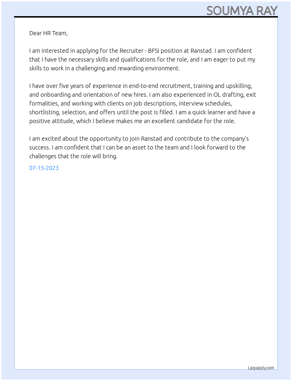 Recruiter - BFSI At Ranstad Cover Letter