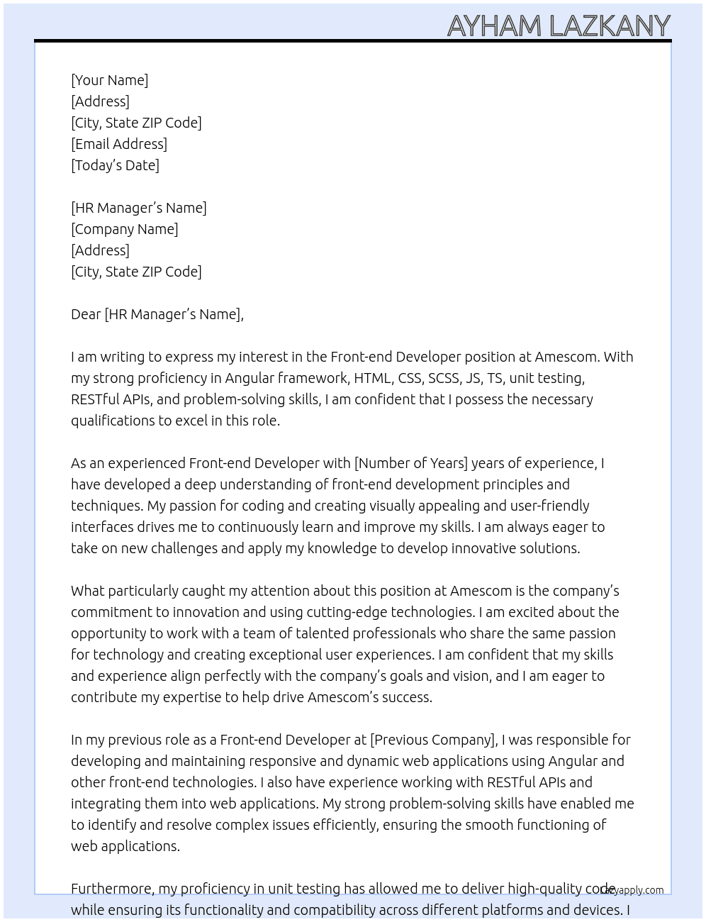 Front-end developer At Amescom Cover Letter