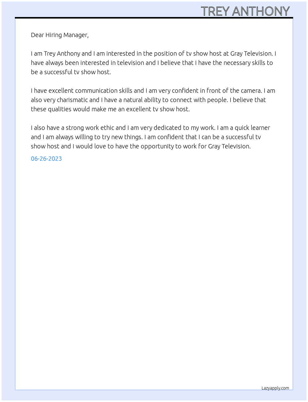 Tv show host  At Gray Television  Cover Letter