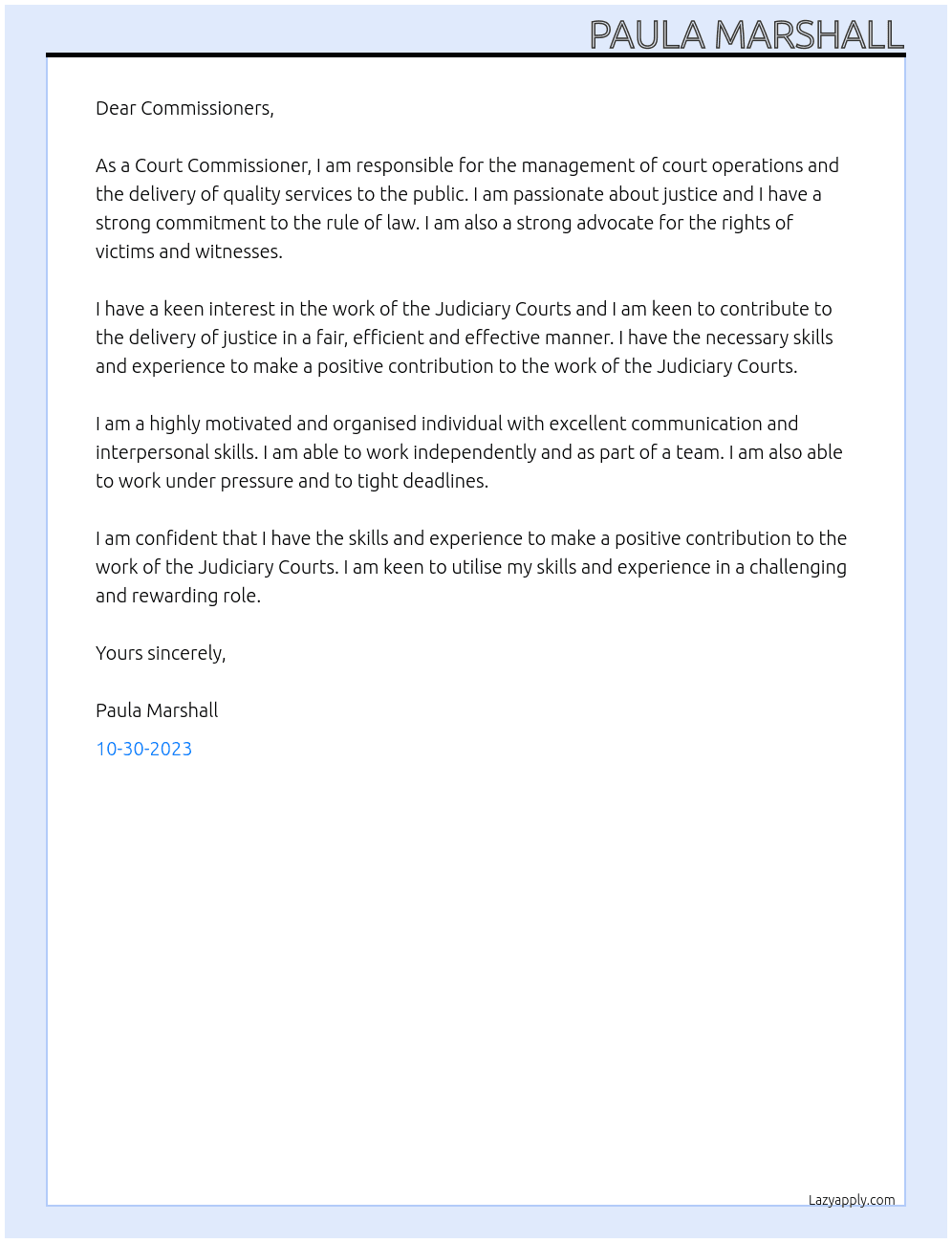 Court Commissioner At Judiciary Courts Cover Letter