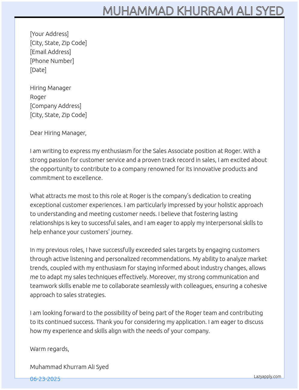 Sale associate At Roger Cover Letter