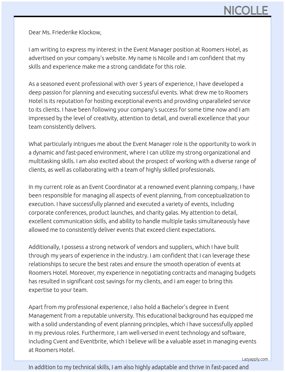 event manager At Roomers Hotel  Cover Letter