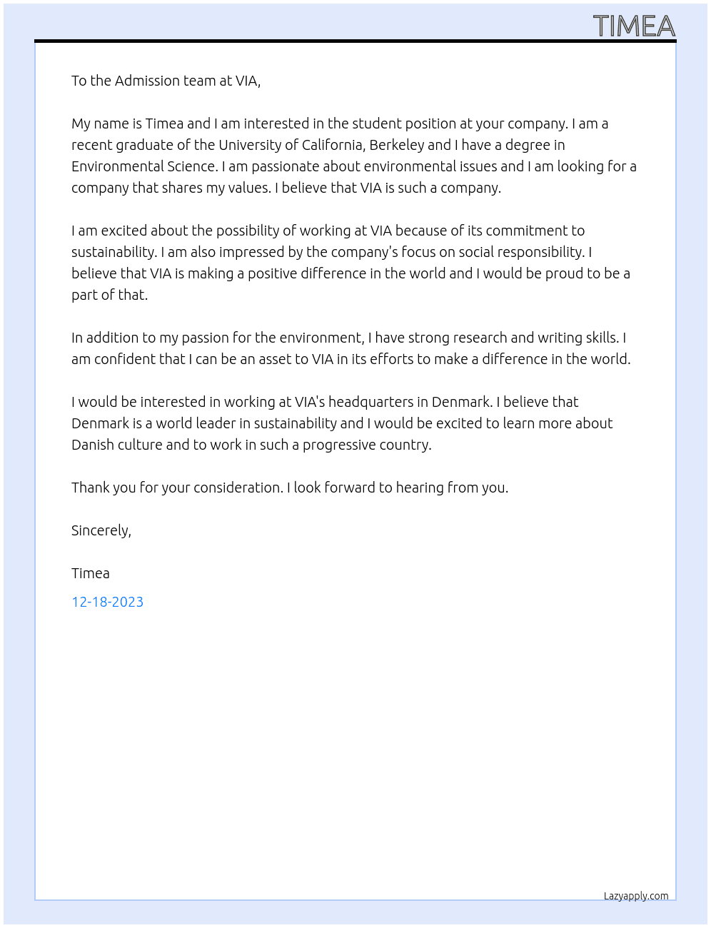 student At VIA  Cover Letter