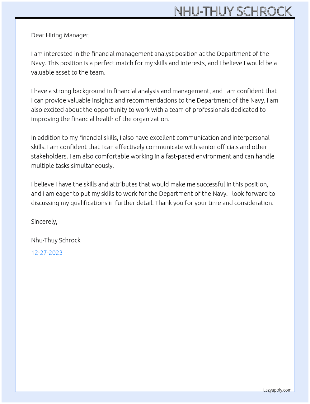 Financial Management Analyst At Department of the Navy Cover Letter