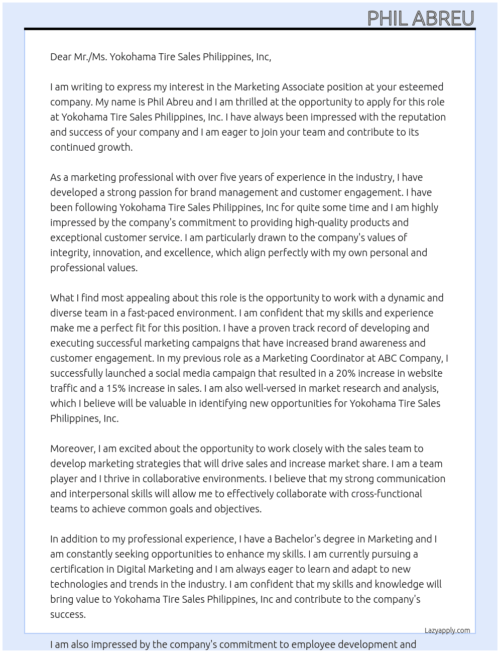 Marketing Associte At Yokohama Tire Sales Philippines, Inc Cover Letter