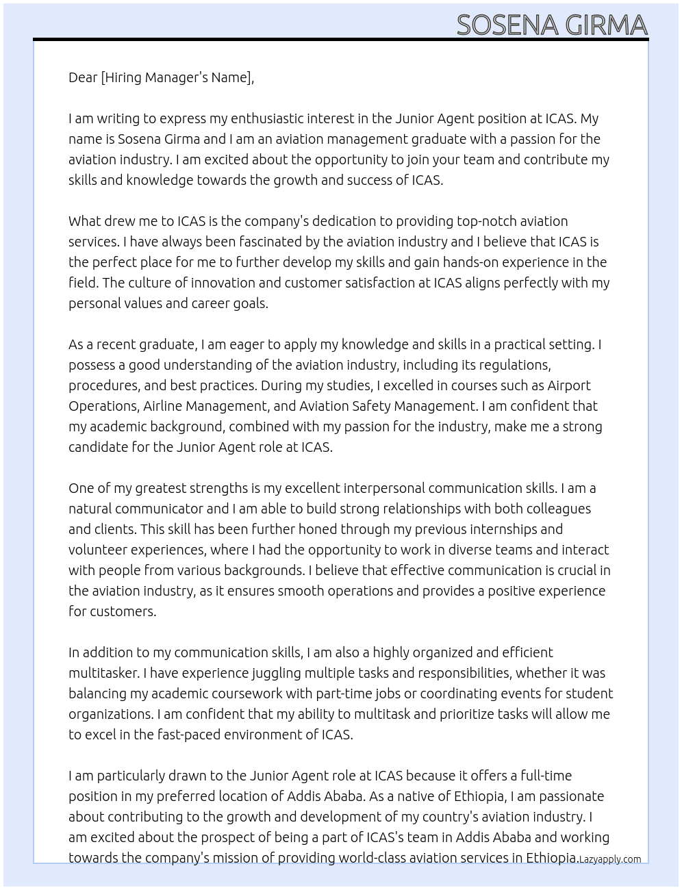 Junior agent At ICAS Cover Letter