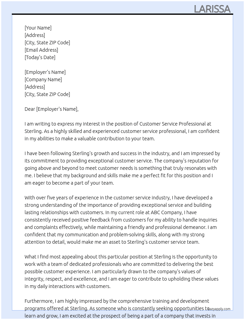 Customer Service Professional At Sterling Cover Letter