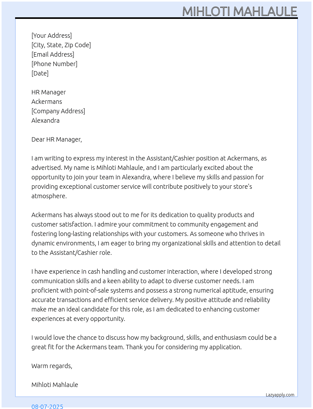 assisant or cashier At ackermans.co.za Cover Letter