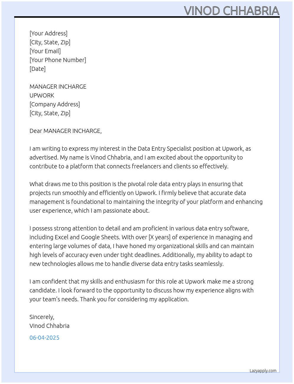data entry specialist At UPWORK Cover Letter