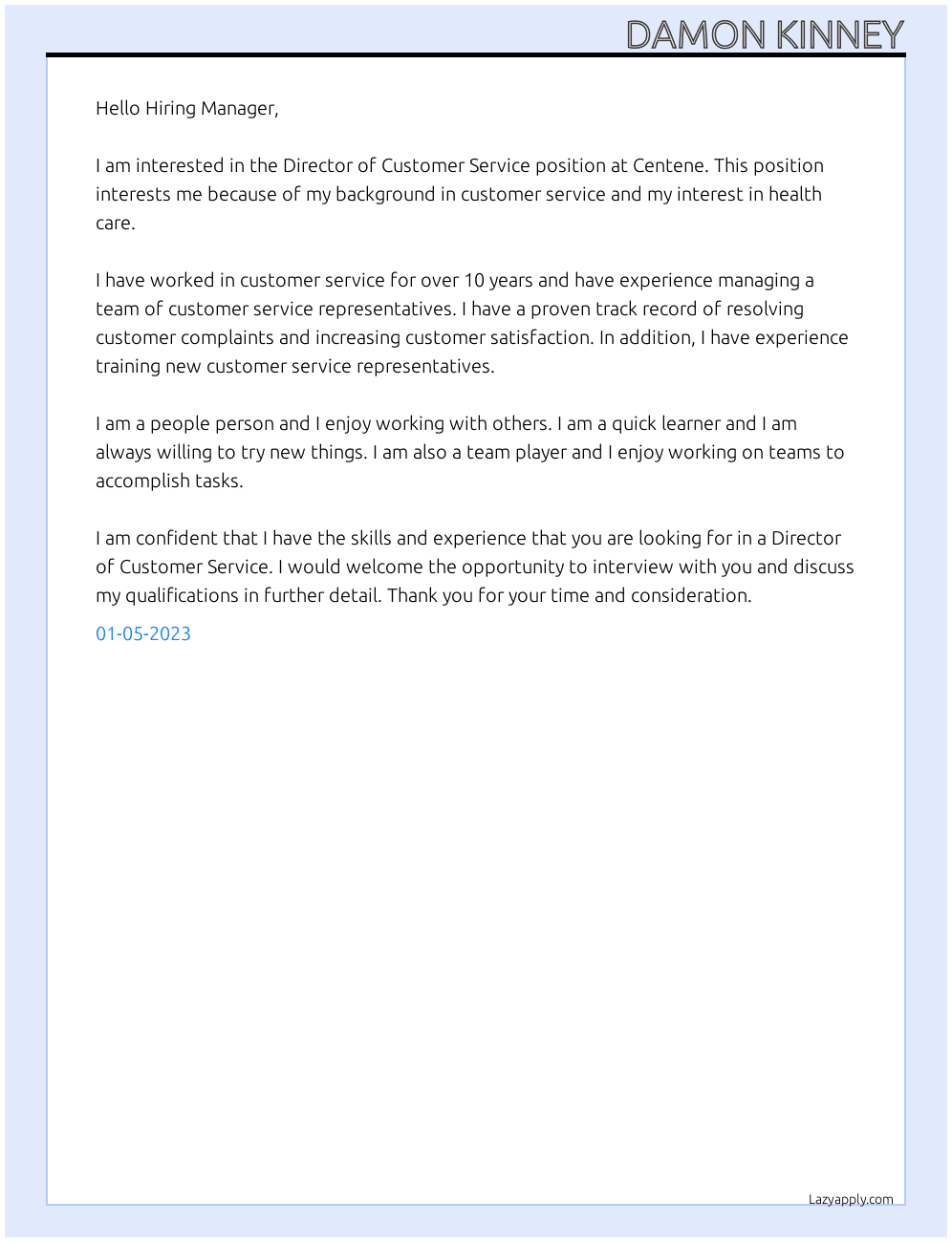 Director of Customer Service At Centene Cover Letter