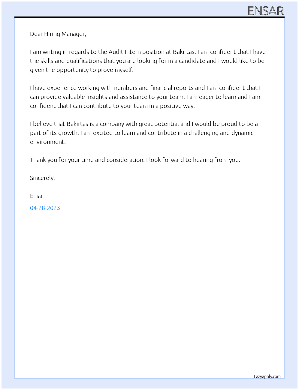 Audit intern At Bakirtas Cover Letter