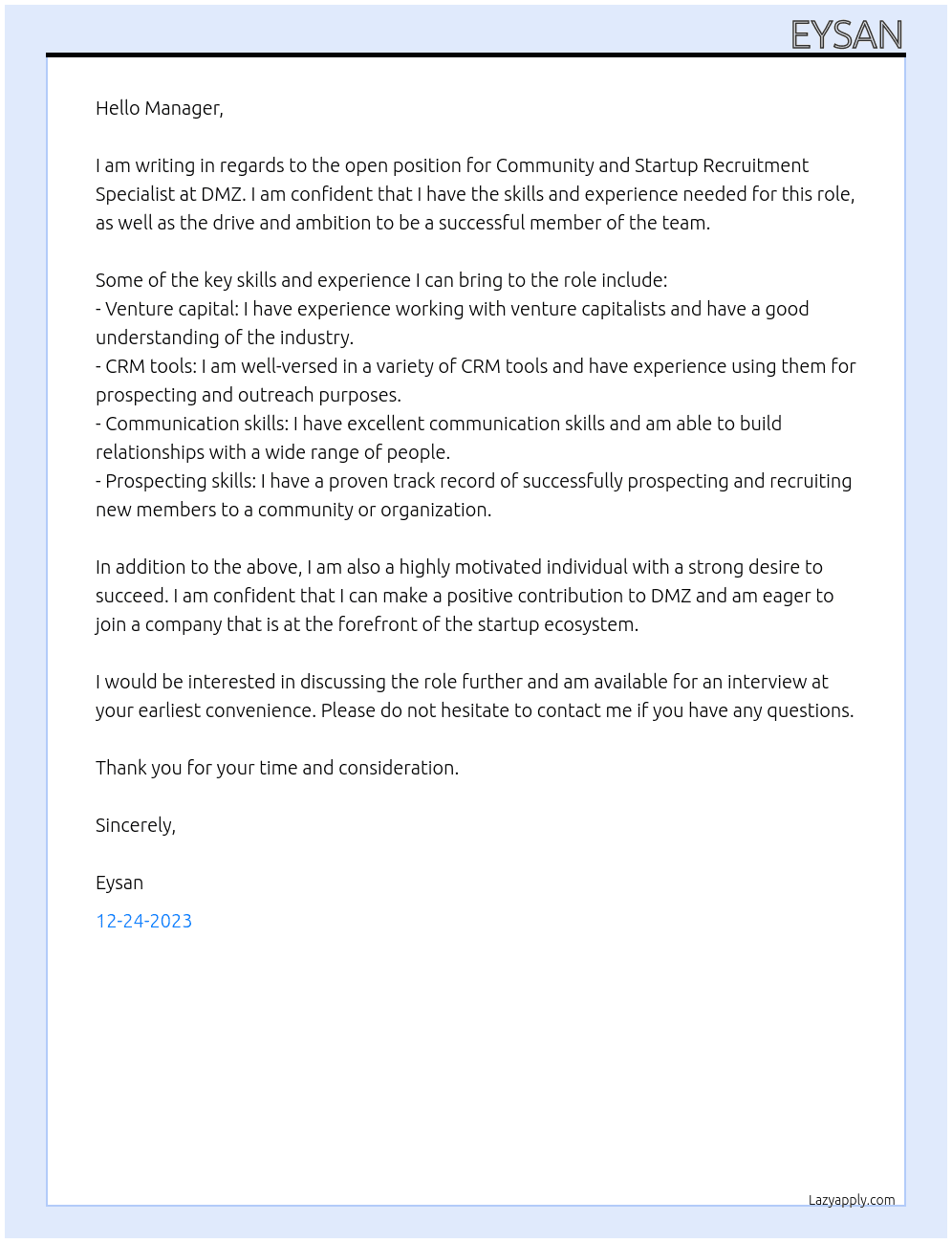 Community and Startup Recruitment Specialist At DMZ Cover Letter