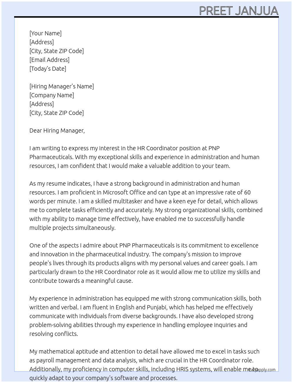HR Coordinator At PNP Pharmaceuticals  Cover Letter