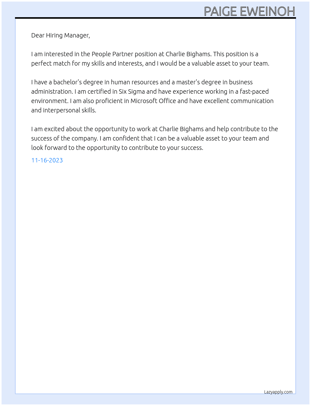 People Partner At Charlie Bighams Cover Letter