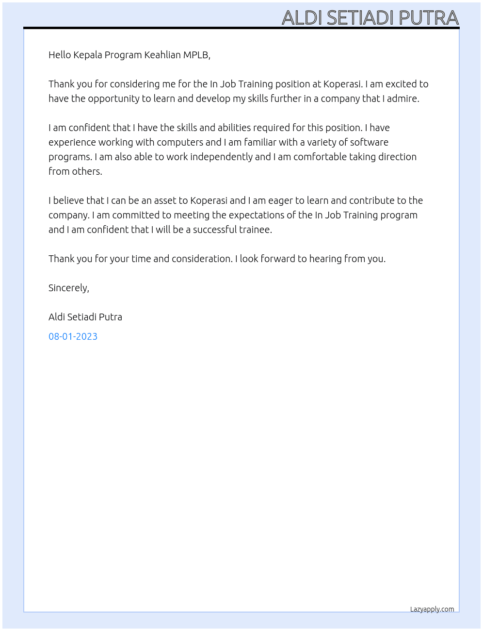 In Job Training At Koperasi  Cover Letter