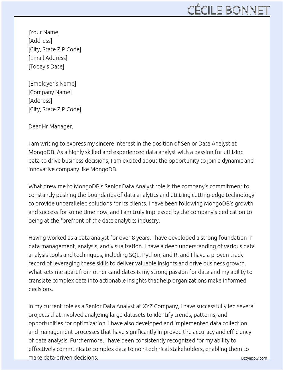 Senior Data Analyst At MongoDB Cover Letter