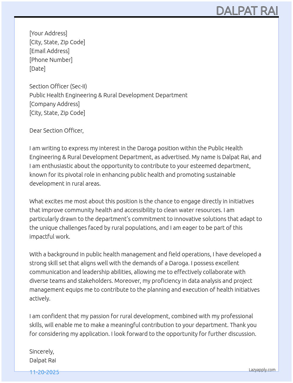Daroga At Public Health Engineering & Rural Development Department Cover Letter