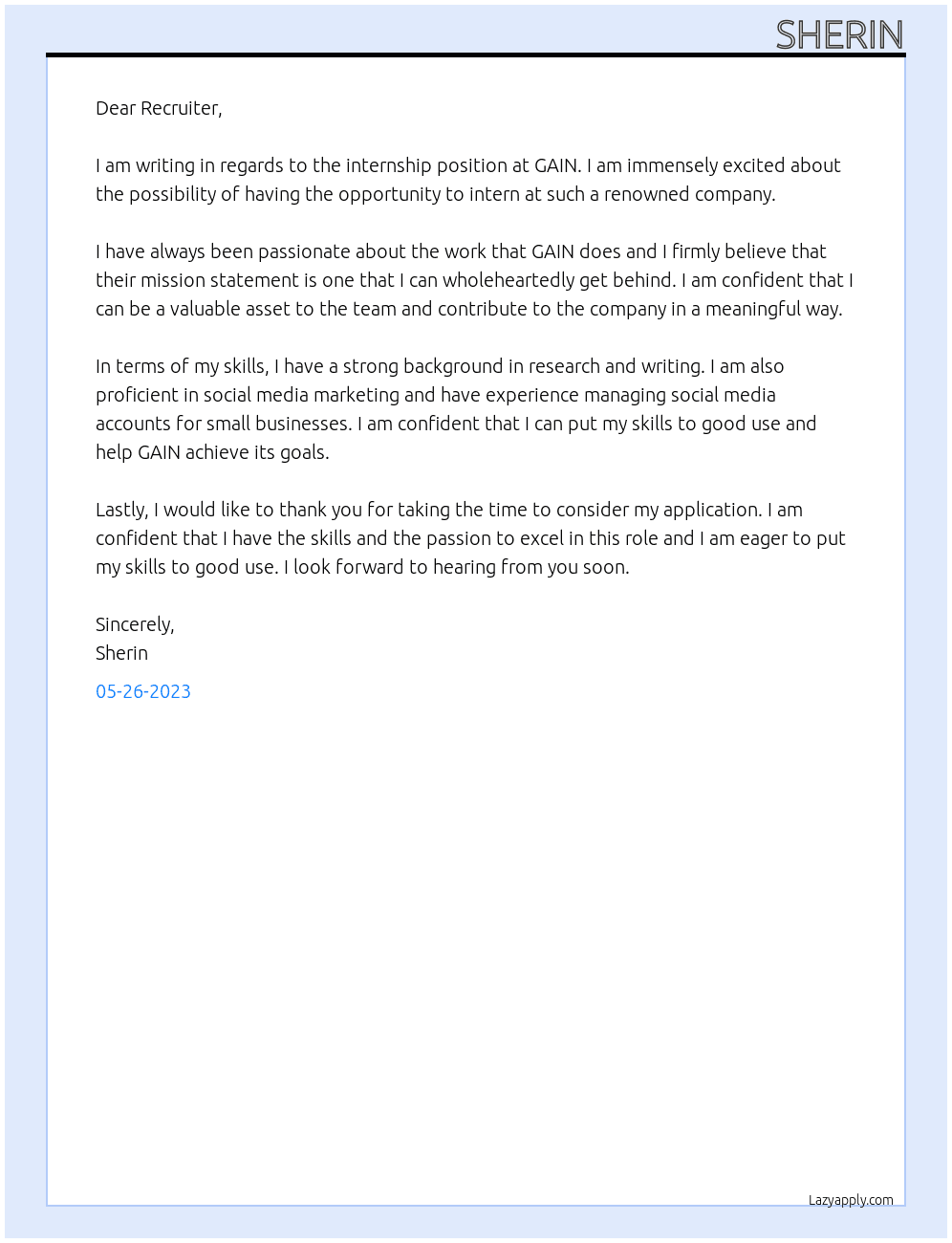 Internship  At GAIN Cover Letter
