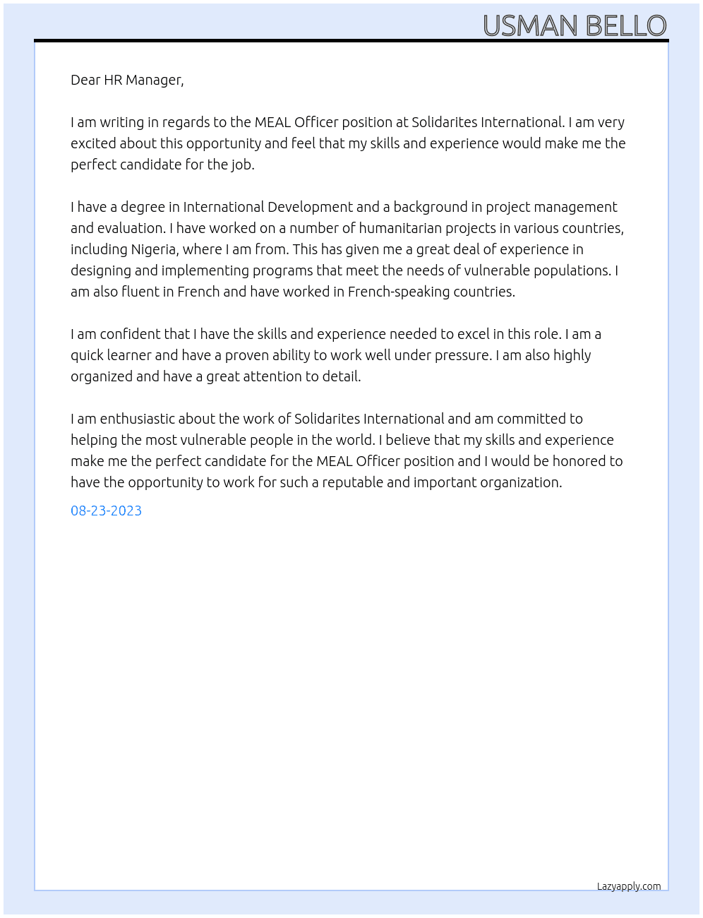 MEAL Officer At Solidarites International Cover Letter