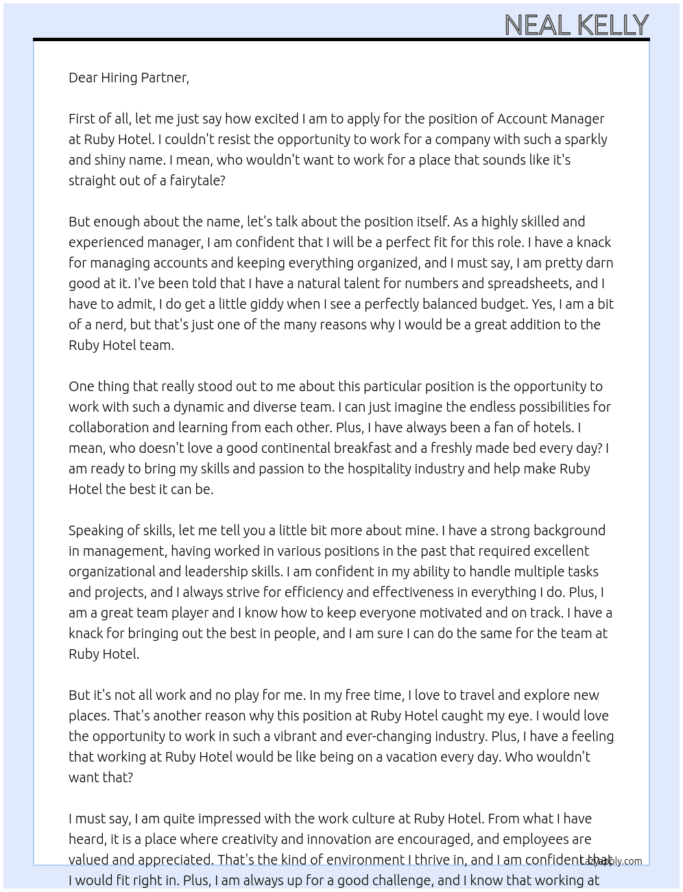 Account Manager At Ruby Hotel Cover Letter