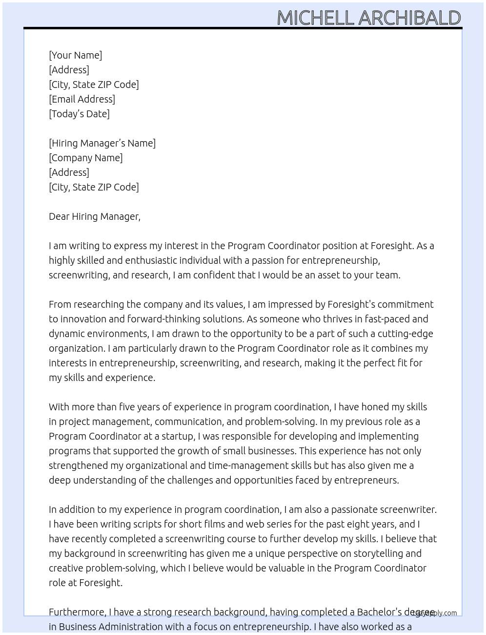 Program Coordinator At Foresight Cover Letter