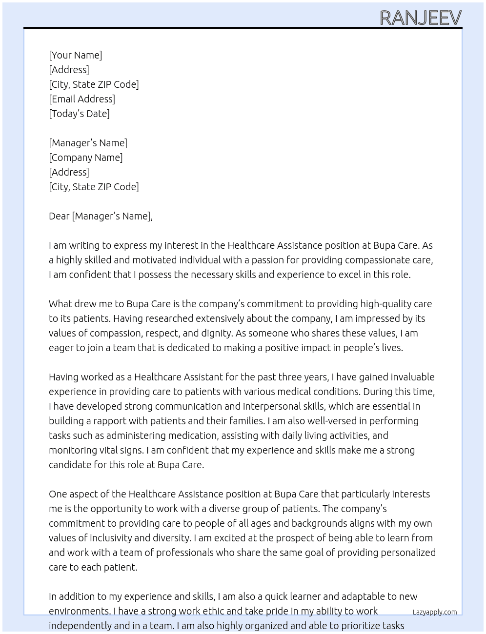 Healthcare assistance At Bupa care Cover Letter
